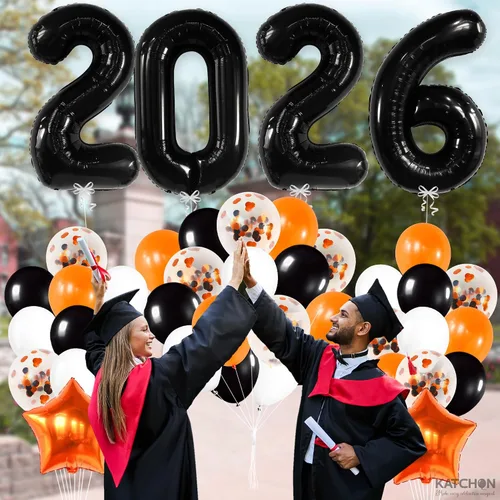Miniatura 9 de KatchOn, Juego de globos negros 2026, gigantes de 40 pulgadas, paquete de 34 Globos de graduación naranja y negro 2026, decoraciones de graduación