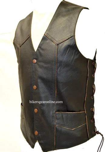 Miniatura 5 de Chaleco de cuero para hombre con cabeza de águila y estrellas en relieve con encaje lateral marrón y negro