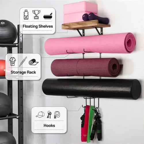 Miniatura 4 de Paquete de 2 soportes para esterilla de yoga de montaje en pared, estante de almacenamiento para esterilla de yoga, accesorios de gimnasio en casa