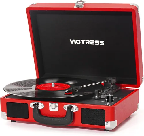 Miniatura 15 de Tocadiscos de vinilo con entrada y salida Bluetooth, tocadiscos portátil vintage de maleta, tocadiscos LP de 3 velocidades con conversión de vinilo