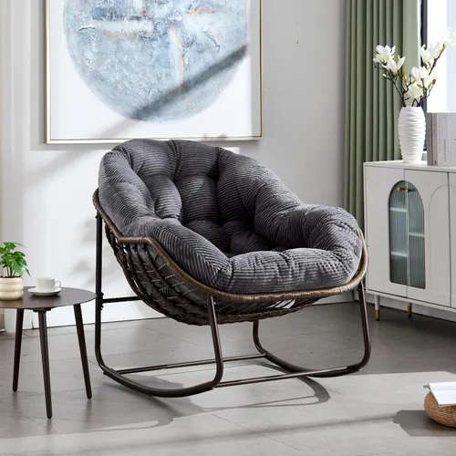 Mecedora para porche delantero para interiores y exteriores, silla reclinable acolchada de ratán, para patio, jardín, sala de estar (ceniza de