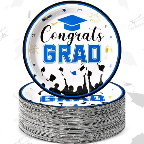 Sabary 100 platos de postre de papel de graduación 2026, color azul y negro, 7 pulgadas, suministros para fiestas de graduación, platos de clase de