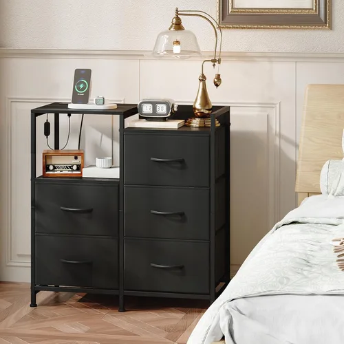 Miniatura 8 de Somdot Mesita de noche negra con estación de carga y luz LED, cómoda ancha de 5 cajones para dormitorio con contenedores de tela y estante abierto