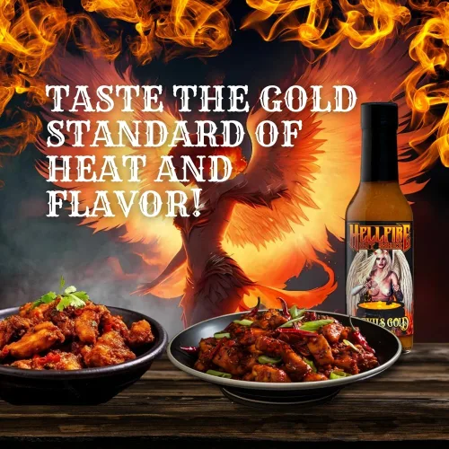 Miniatura 4 de Salsa picante Hellfire Devil's Gold, galardonada con múltiples premios, salsa picante gourmet a base de frutas, cuenta con pimientos amarillos súper