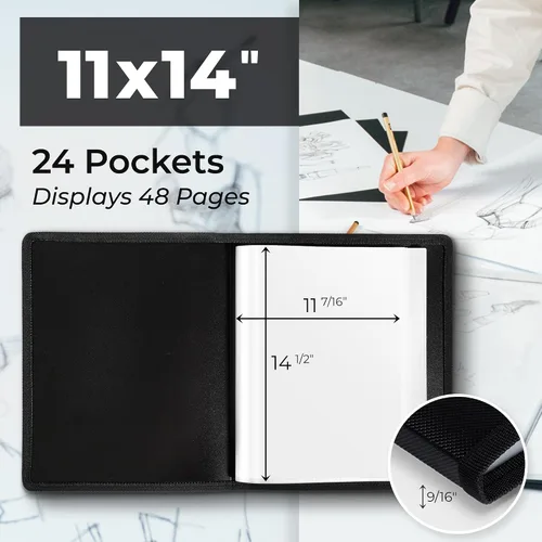 Miniatura 2 de Dunwell Carpeta portafolio de arte de 11x14 con papel de montaje (negro), carpeta grande para almacenamiento de obras de arte, 24 fundas muestran 48
