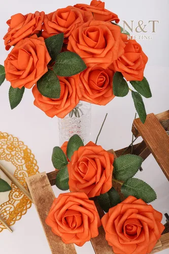 Miniatura 97 de N&T NIETING Flores artificiales, rosas artificiales de color rosa intenso, 50 piezas de flores falsas con tallo para ramos de boda DIY, centros