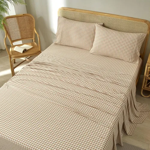 Miniatura 4 de LifeTB Tan Gingham - Juego de sábanas tamaño matrimonial, transpirables, suaves, color beige, gris topo, sábanas a cuadros 100% algodón lavado