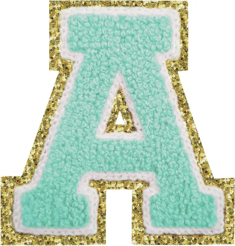 Parches de letras termo-adhesivas de felpilla para chaquetas, parches de letras universitarias con brillantina para planchar en la letra azul A