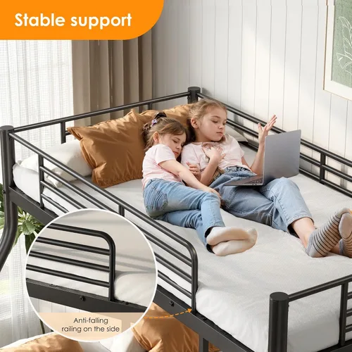 Miniatura 6 de Literas de metal de tamaño individual sobre matrimonial con peldaños de escalera y barandillas de seguridad para niños, niñas y adultos, litera