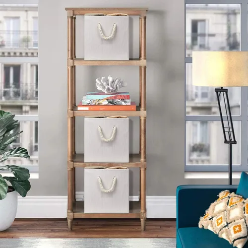 Miniatura 6 de Contenedores plegables de almacenamiento de tela de bambú beige y blanco, organizador resistente con asa de cuerda de algodón para oficina en casa