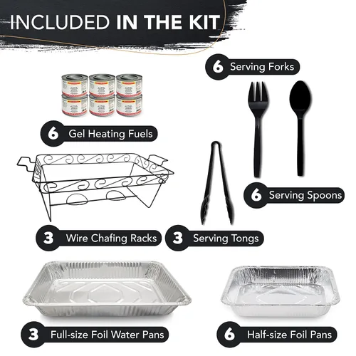 Miniatura 3 de Party Essentials Kit de servicio de bufé Elegance de 33 piezas, incluye estantes negros para rozar, sartenes de aluminio, sartenes de agua, latas
