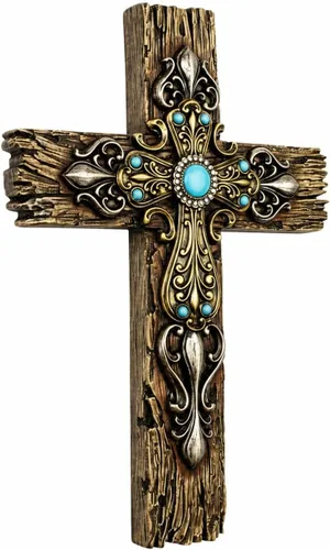 Comfy Hour Cruz de pared de madera sintética rústica de 12 pulgadas con detalles turquesa, placa religiosa victoriana ornamentada, decoración de