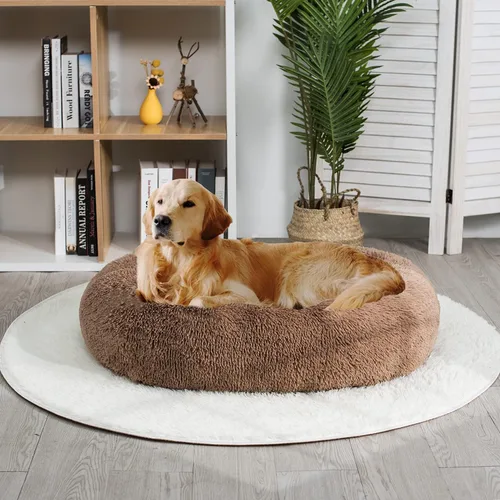 Miniatura 5 de Coohom - Cama ovalada afelpada de piel sintética tipo dona p/calmar perros y gatos, lavable, c/almohada p/mascotas (30/36/43 pulg) p/perros pequeños