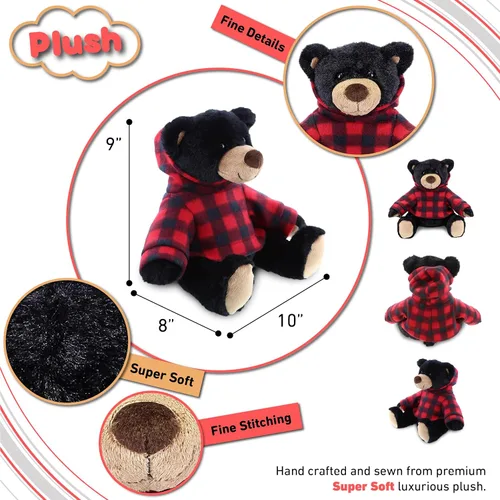 Miniatura 3 de DolliBu Oso negro de felpa con capucha a cuadros rojos, oso suave y abrazable, adorable peluche de oso negro de zoológico, bonito regalo para niños
