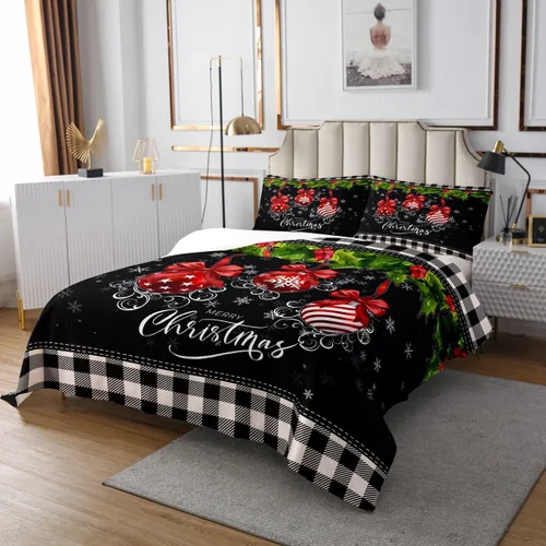 Miniatura 2 de Juego de colcha de Feliz Navidad, tamaño Queen para niños, niñas, decoración de Navidad, juego de edredón cuadrado negro y blanco, colcha geométrica