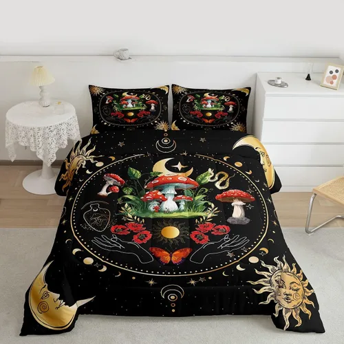 Miniatura 4 de Juego de edredón de champiñones para niños, tamaño individual, juego de ropa de cama romántica con sol, luna, cielo estrellado y galaxia, decoración