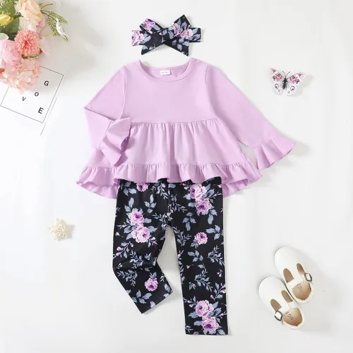 Miniatura 73 de Kucnuzki Conjunto de ropa para bebé niña pequeña, camisa de manga con volantes, pantalón floral, ropa de otoño e invierno para niña