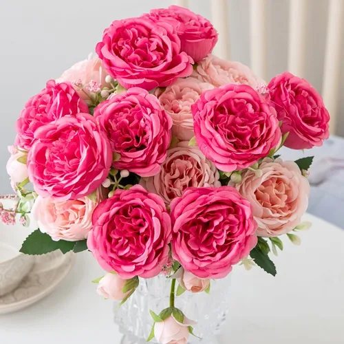 ASTRYAS 4 piezas de peonías artificiales rosas de seda, flores de peonía de seda falsas, ramo de peonías artificiales de seda para centro de mesa,