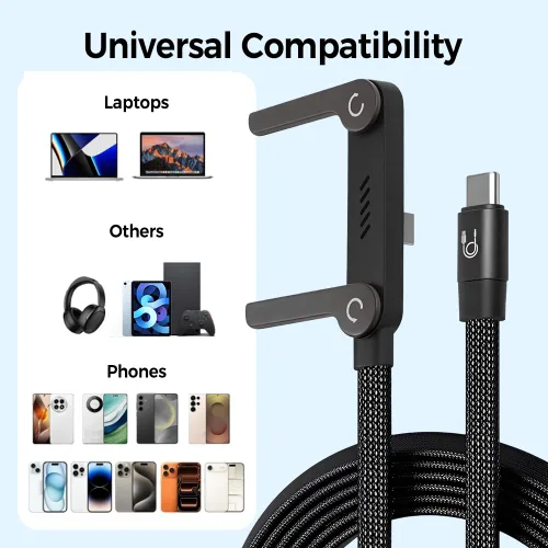 Miniatura 7 de Cable de carga rápida trenzado de 240 W con soporte para teléfono integrado, cable de carga USB-C a USB-C duradero en forma de T 2026, cable de negro
