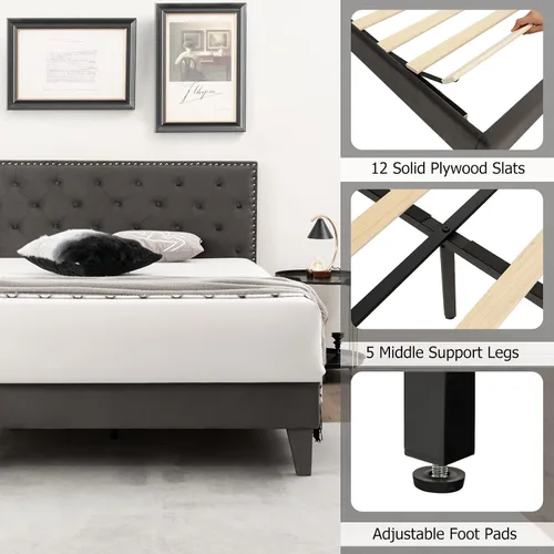 Miniatura 5 de KOMFOTT Base de cama tapizada tamaño matrimonial, base de cama de plataforma con cabecera copetuda y estribo acolchado suave, base de colchón