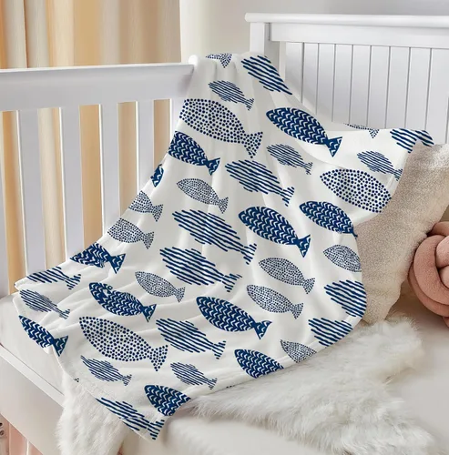 Miniatura 4 de SPBL&L Manta de peces de playa costera, azul y blanco, manta náutica de peces oceánicos para cama, sofá, dormitorio, sala de estar, decoración