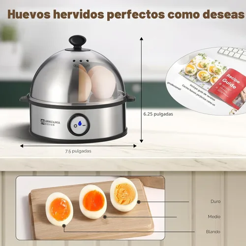 Miniatura 3 de Annie & Mia Design Cocedor eléctrico para huevos, caldera de huevos de acero inoxidable con capacidad para 7 huevos, 360 W, duro, medio, escalfador