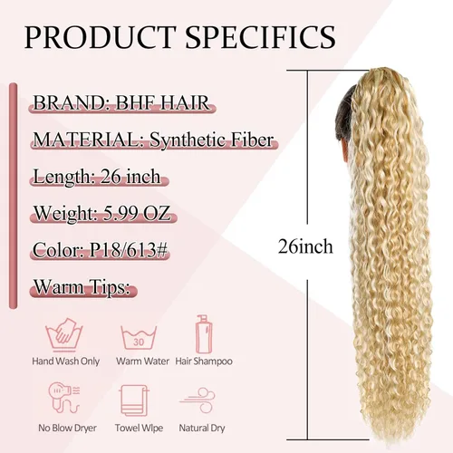 Miniatura 2 de Extensión de cola de caballo rizada ondulada de 26 pulgadas, color rubio ceniza con rubio decolorado, extensiones de cabello sintético con clip