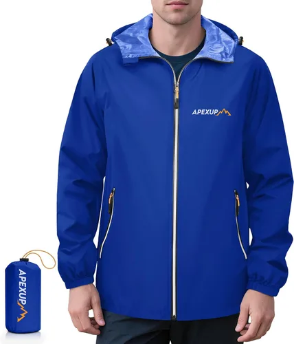 Miniatura 8 de APEXUP Chaqueta de lluvia empacable para hombre con cremallera reflectante, impermeable ligero, chaqueta de lluvia para hombre para deportes al aire