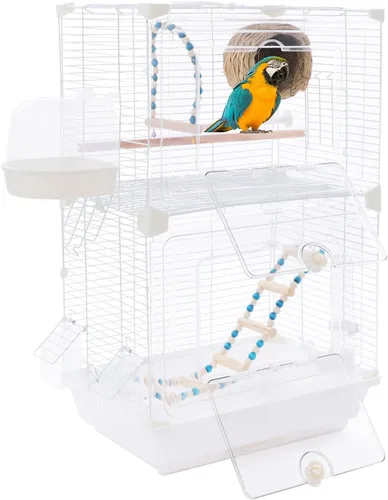 Miniatura 13 de Jaula para pájaros de hierro forjado de 2 puertas con techo y asas, jaula de loro de 28 pulgadas de alto, jaula de vuelo para pájaros y mascotas