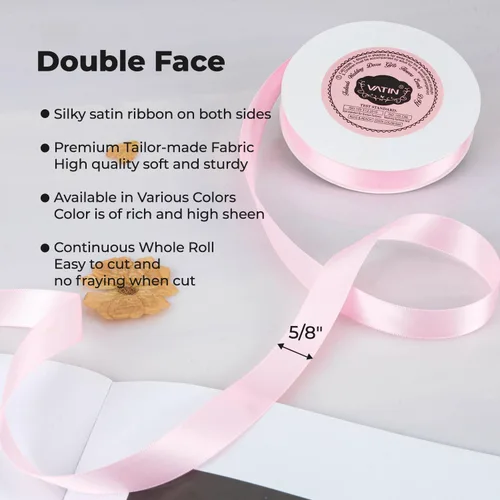 Miniatura 2 de VATIN - Cinta de satén rosa perla de doble cara, 5/8" x 25 yardas continuas, cinta de poliéster rosa para uso en lazos, ramo, envoltura de regalos