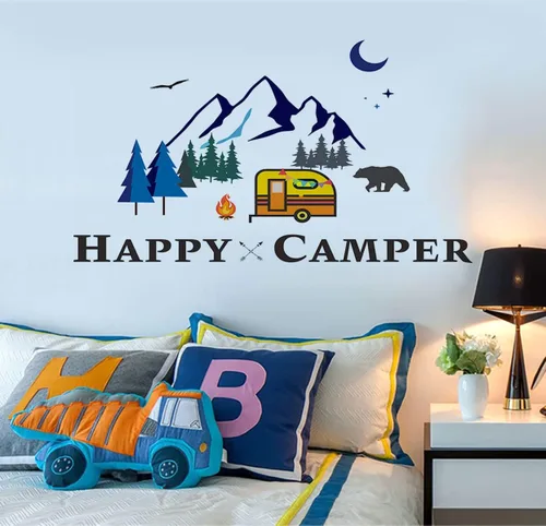 Miniatura 6 de Adhesivo decorativo para pared con temática de aventura, vinilo extraíble, exploración tribal, senderismo, camping, viajes, montañas, fogatas, arte