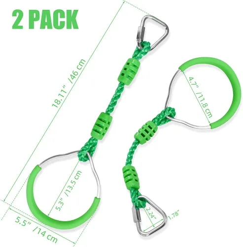 Miniatura 5 de Conjunto de juego de trapecio y anillo de obstáculos de ninja de la jungla, 2 piezas de anillos de gimnasia verdes para fitness, barras colgantes