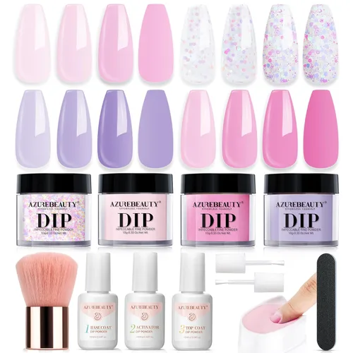 Miniatura 14 de AZUREBEAUTY Kit de iniciación de uñas en polvo de inmersión, 4 colores con purpurina rosa suave, arte de uñas francés, con capa base, capa superior