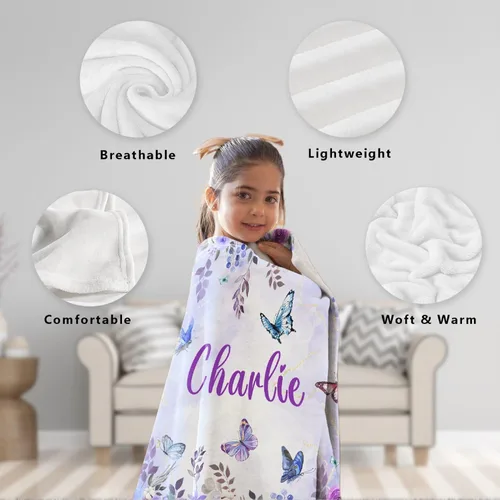 Miniatura 4 de Manta personalizada de franela de vellón de mariposa para bebé, manta de regalo personalizada con nombre, manta ligera y suave, bonita manta