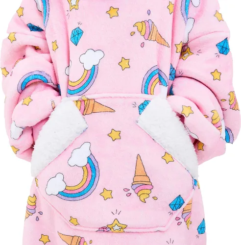 Miniatura 4 de Ramees - Manta con capucha portátil para niños, sudadera de sherpa de gran tamaño, manta de franela con capucha, bolsillo y mangas (arco iris)