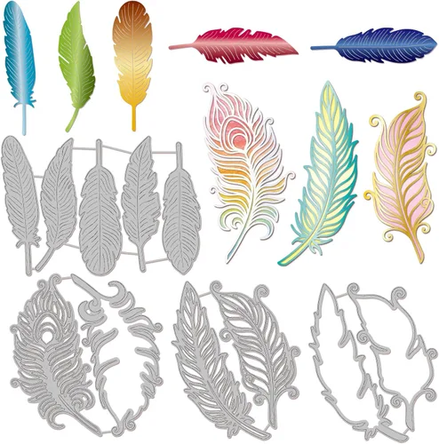INFUNLY 11 piezas de troqueles de plumas de metal, troqueles para hacer tarjetas, plantillas de plumas en capas, troqueles para relieve para álbum