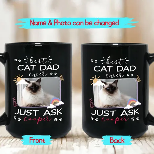 Miniatura 2 de Taza de cerámica negra personalizada para elegir nombre y foto con texto en inglés "Best Cat Dad Ever Just Ask", taza de café personalizada de 11
