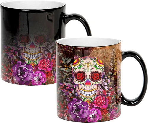 Sweet Gisele Taza de cerámica con calavera de azúcar, activada por calor, taza de café que cambia de color, patrón floral, revela colores vivos,