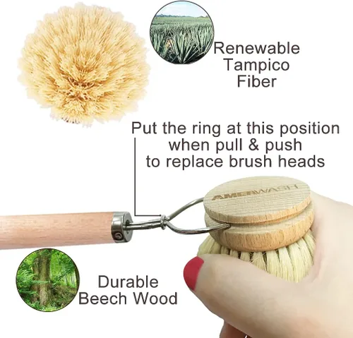 Miniatura 6 de AMERWASH PLUS Cepillo para platos con mango de madera, cepillo de cocina natural para platos, verduras, ollas y sartenes, limpiador de cerdas