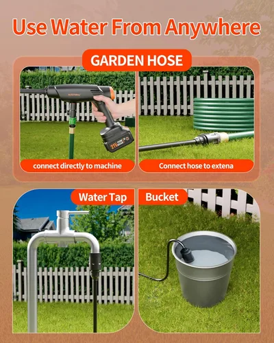 Miniatura 5 de Lavadora de mano con pilas, 1100 PSI ligera mini lavadora para limpieza de automóvil, hogar, patio, entrada y jardín (naranja fuerza)