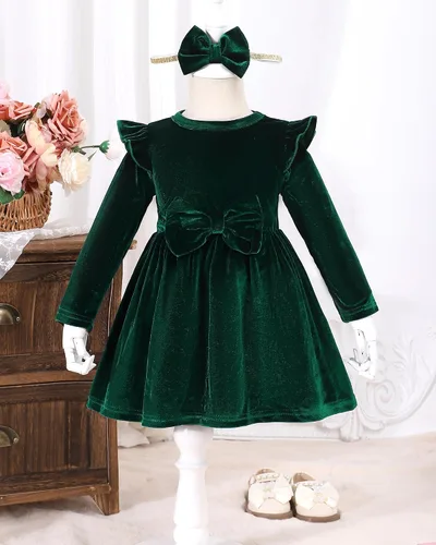 Miniatura 2 de Kucnuzki Vestido de terciopelo para niña pequeña, vestido de terciopelo sólido para niña, vestido de princesa casual para fiesta de otoño