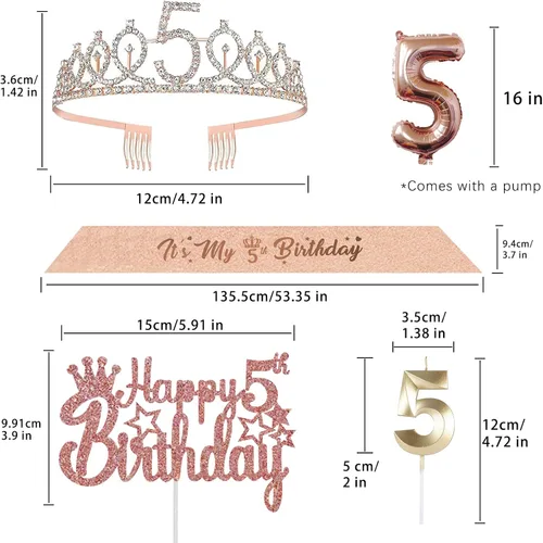 Miniatura 4 de Dulces 5 decoraciones para ella – 5 piezas de regalos incluyendo corona de 5ª tiara, banda, decoración de pasteles, globos, velas – regalos