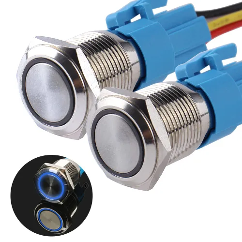 Miniatura 9 de Paquete de 2 interruptores de botón momentáneos de 0.63 pulgadas, 12 V-24 V, LED, impermeable, de metal, 1 NO 1 NC, con enchufe de cable