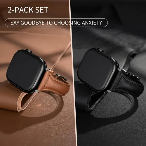 Miniatura 2 de 2 paquetes de correas delgadas de cuero genuino compatibles con Apple Watch de 38mm 40mm 41mm 42mm 44mm 45mm 49mm, correas delgadas de cuero de capa