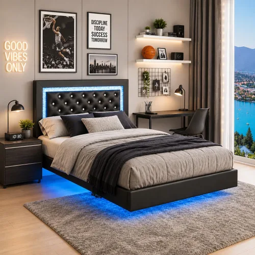 BarnFurin Base de cama flotante individual con luces LED, plataforma tapizada con cabecera capitonada de diamante, no necesita somier, sin ruido,