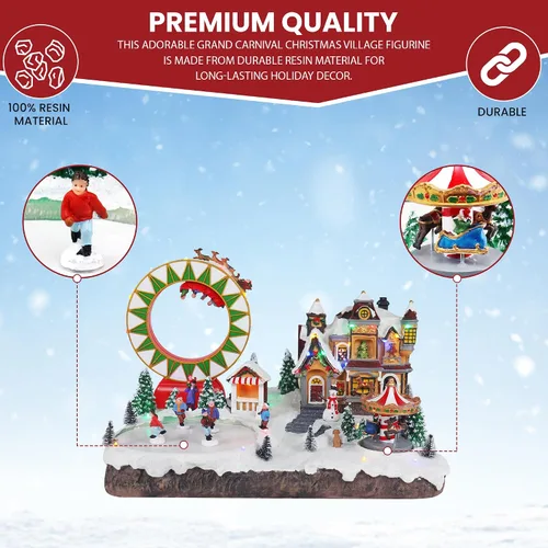 Miniatura 5 de Christmas Village Grand Carnival – Aldea musical animada de nieve preiluminada con patinadores en movimiento, trineo de renos de Papá Noel, tiovivo