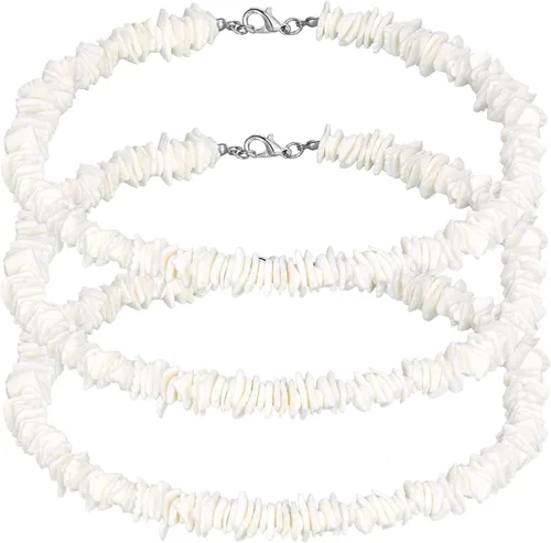 Paquete de 3 collares de concha de Puka, collar de surfista de almeja, collar blanco, gargantilla hawaiana, joyería de playa con cadena extendida