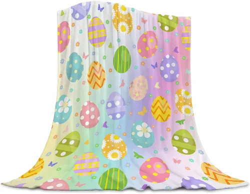 Miniatura 16 de Manta de conejo de Pascua súper suave de franela con elemento de Pascua, linda cola de conejo, huevos coloridos, árbol verde azulado, manta cálida
