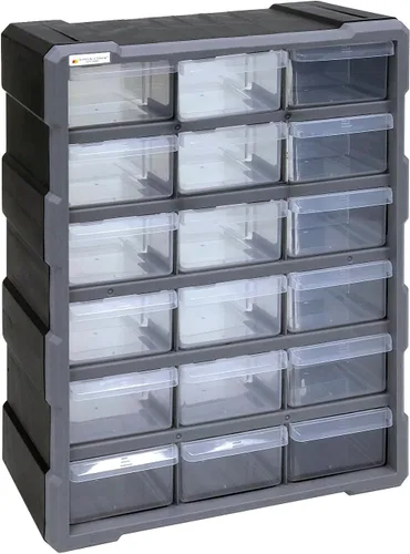 Quantum Storage Systems PDC-18BK Organizador de piezas de gabinete con 18 cajones, 19 pulgadas de alto x 15 pulgadas de ancho x 7 pulgadas de