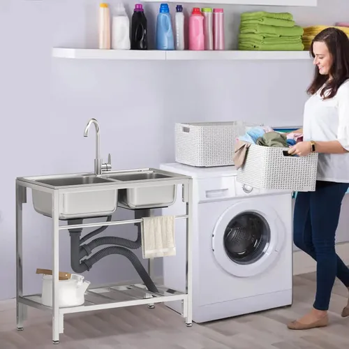 Miniatura 9 de Fregadero de acero inoxidable para exteriores, fregadero de doble tazón, fregadero de cocina comercial de pie con grifo caliente y frío